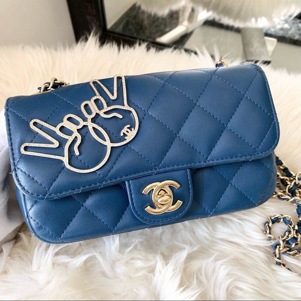 Chanel Safire blue peace sign ✌️ rhinestone extra mini classic flap